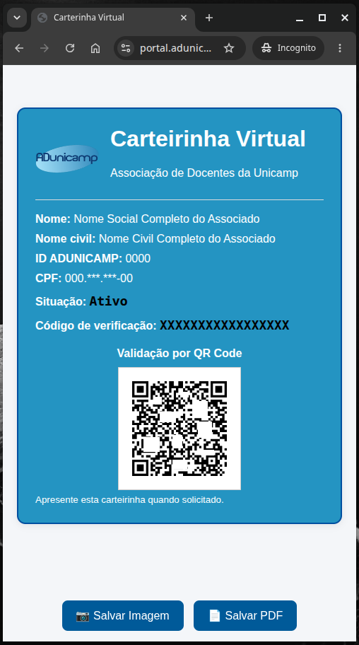 Tela da carteirinha gerada com opções para baixar imagem, baixar PDF ou salvar no navegador.