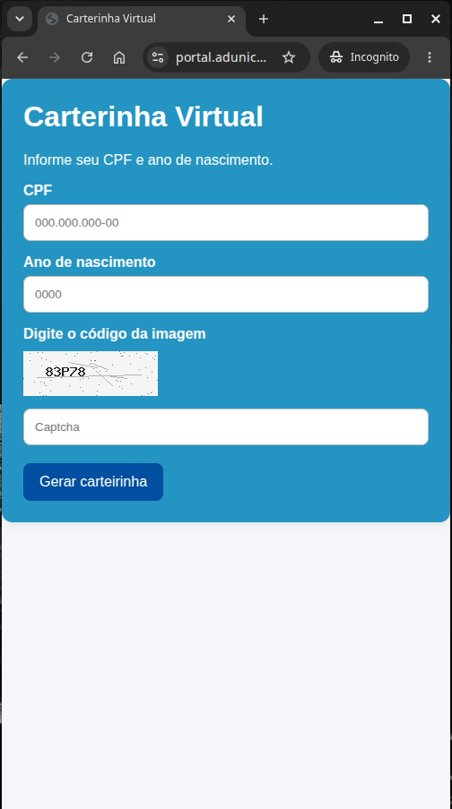 Tela para preencher CPF, ano de nascimento e captcha para gerar a carteirinha.