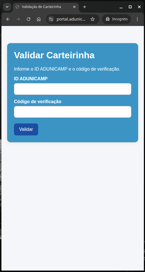Tela de validação manual com campos ID ADunicamp e Código de verificação.