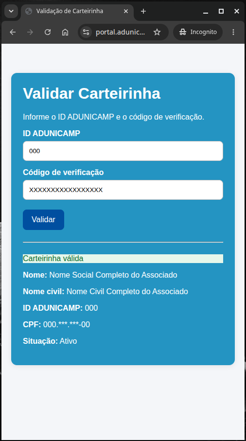 Tela com o resultado da validação da carteirinha e informações do associado.